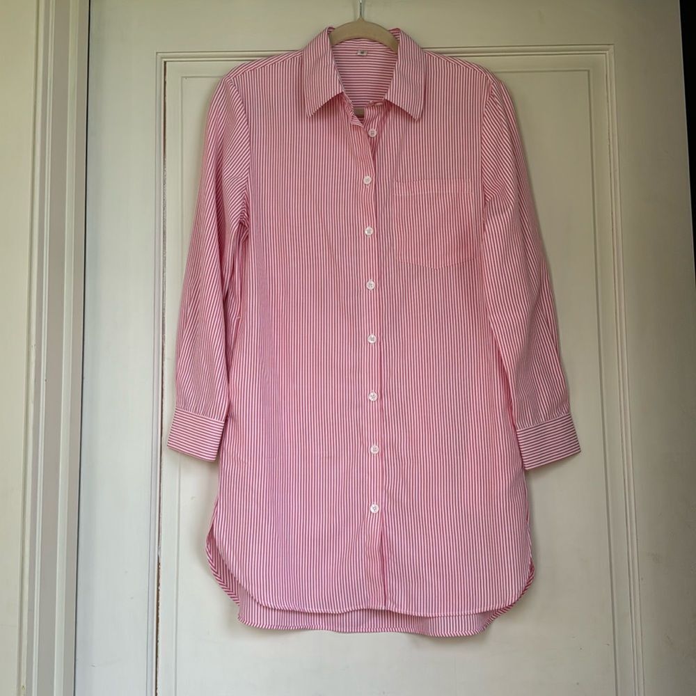 New Without Tag Pink And White Striped Shirtdress With Two Hidden Pockets